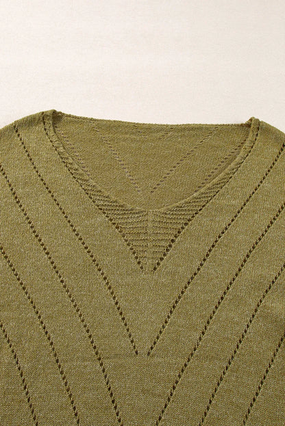 Sage Green Solid Eyelet Drop Shoulder V Neck Sweater - Chic Meadow Boutique 