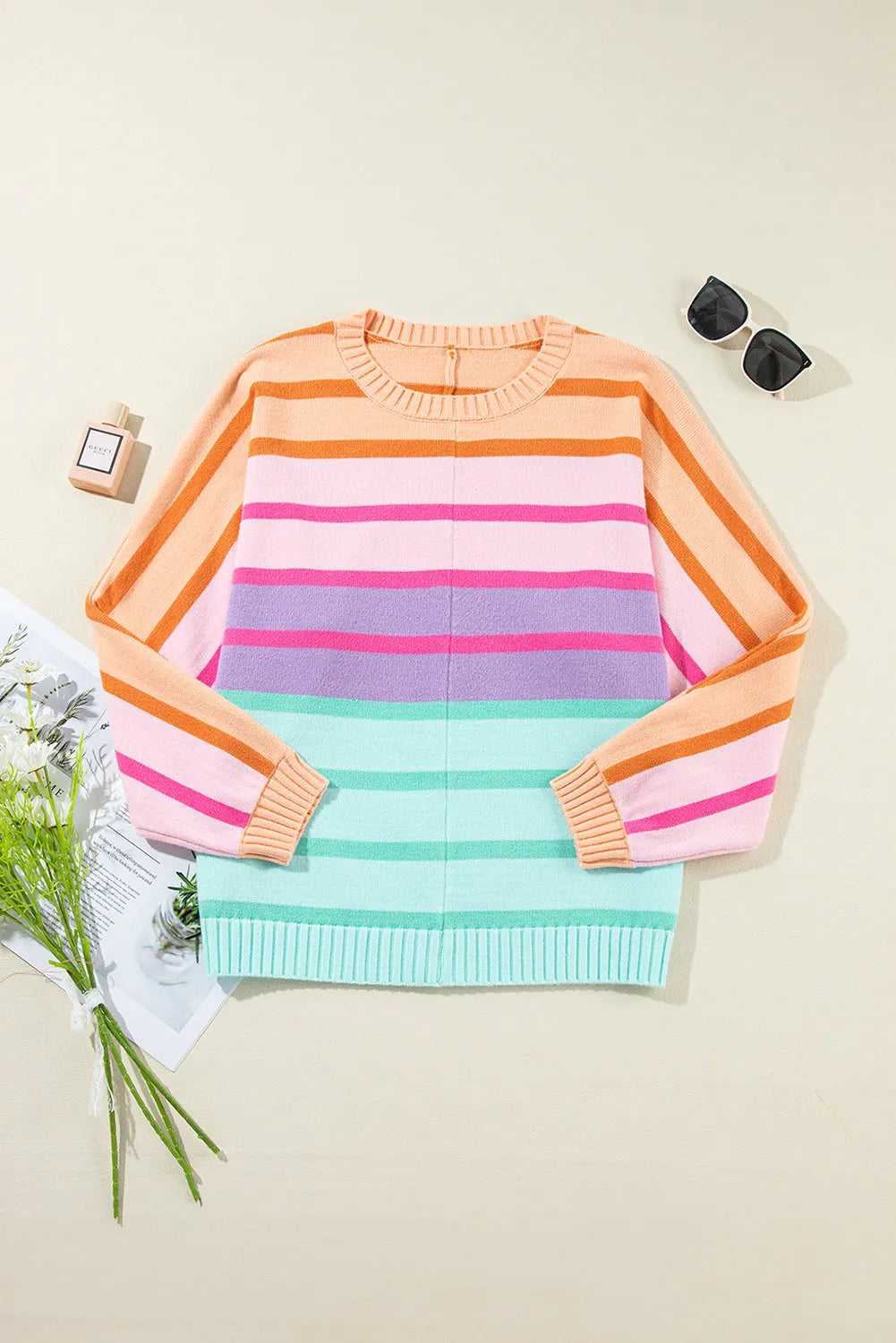 Multicolour Gradient Striped Ribbed Edge Loose Sweater - Chic Meadow Boutique 