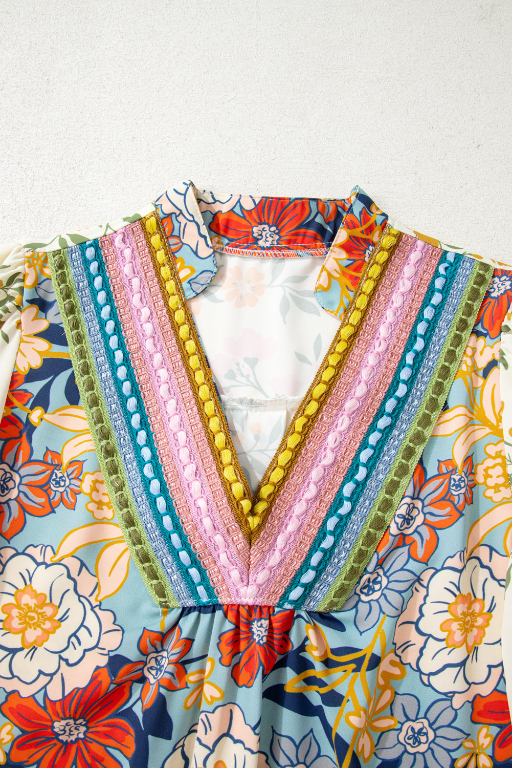 Sky Blue Floral Print Ruffled Long Sleeve Crochet Trim V Neck Blouse