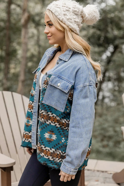 Blue Aztec Printed Denim Jacket - Chic Meadow Boutique 