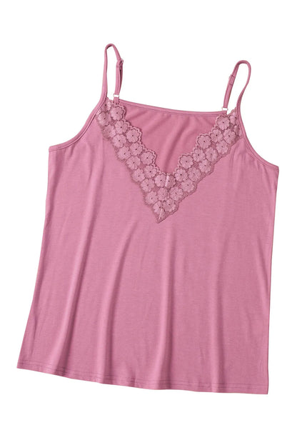 Pink Lace Splicing V Neck Cami Top - Chic Meadow Boutique 