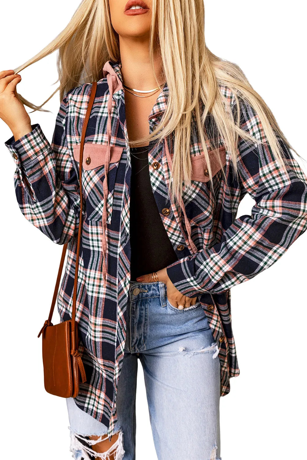 Pink Contrast Hooded Drawstring Plaid Shacket - Chic Meadow Boutique 