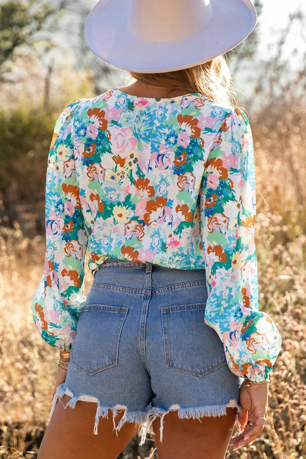 Sky Blue Floral Print Wrap Long Sleeve Bodysuit - Chic Meadow Boutique 