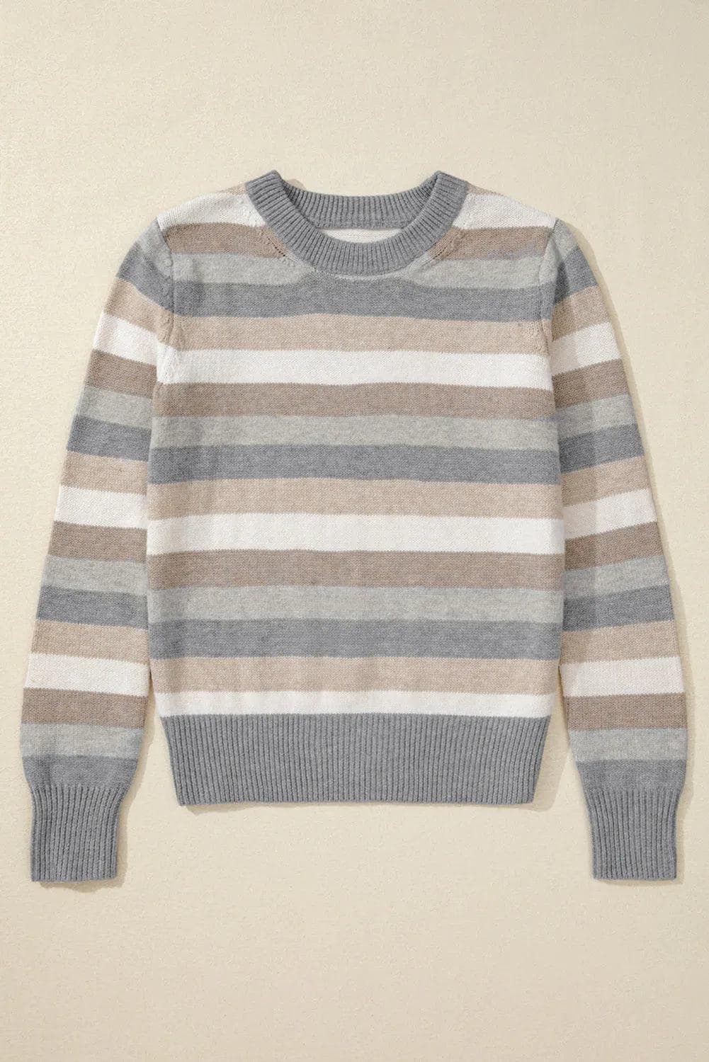 Sweaters & Cardigans/Sweaters Gray Stripe Color Block Ribbed Edge Round Neck Sweater