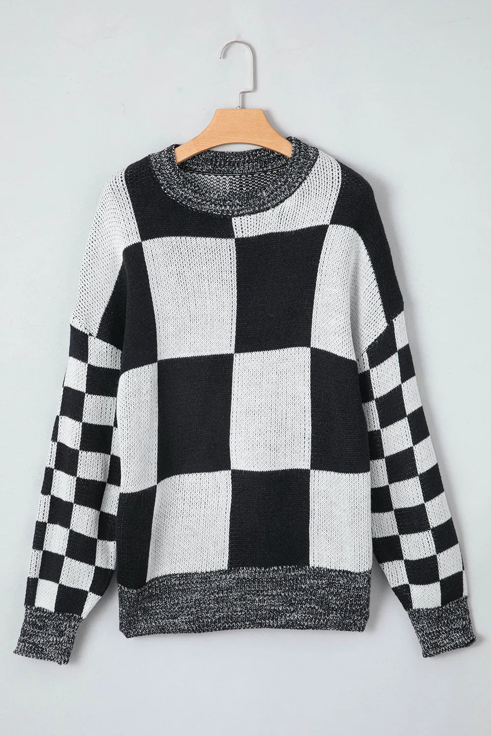 Black Checkered Print Drop Shoulder Sweater - Chic Meadow Boutique 