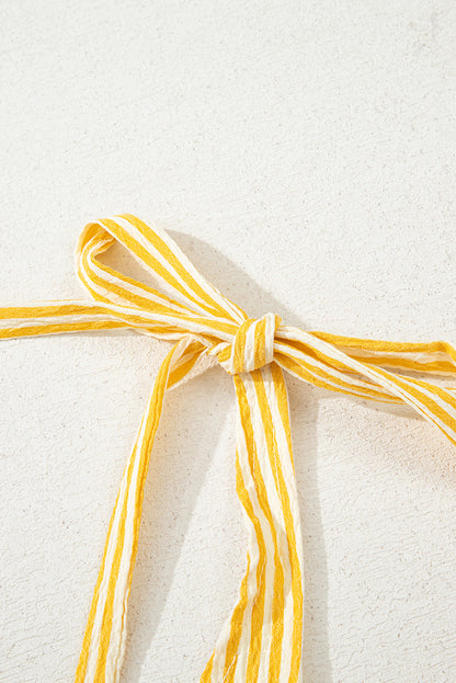 Yellow Stripe Shoulder Tie Smocked Back Wide Leg Casual Romper