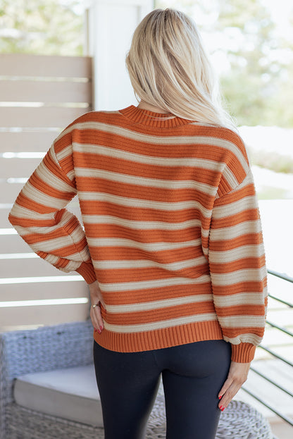 Orange Stripe Ribbed Trim Drop Shoulder Sweater