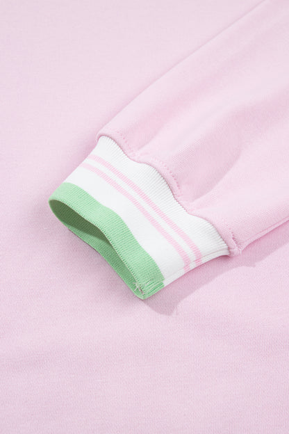 Light Pink Contrast Striped Trim Baggy Pullover Sweatshirt