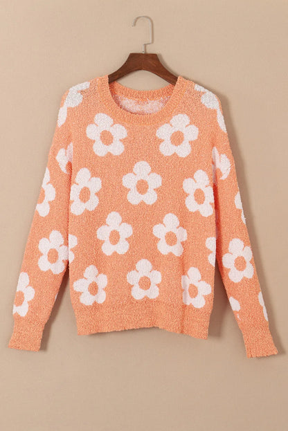 Grapefruit Orange Fuzzy Floral Knitted Drop Shoulder Sweater - Chic Meadow Boutique 