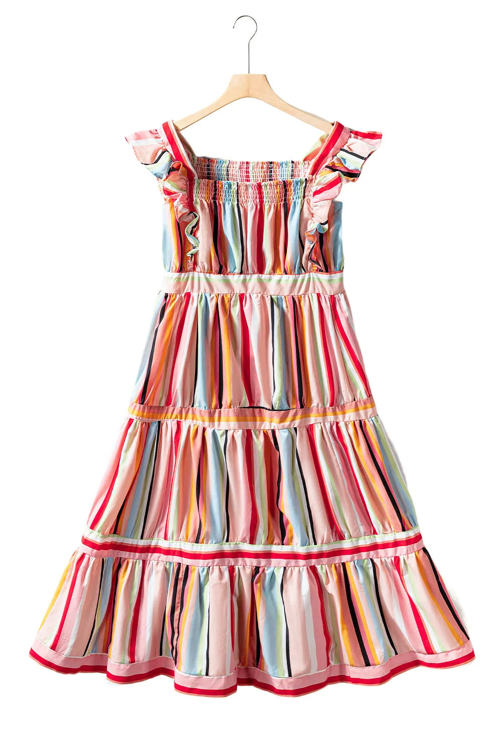 Pink Rainbow Stripe Ruffles Ruched Tiered Dress - Chic Meadow Boutique 