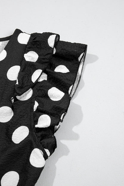 Black Polka Dot Print Ruffled Sleeve V Neck Blouse
