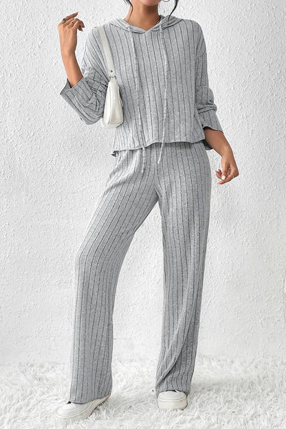 Gray Ribbed Knit Slouchy Hoodie Wide Leg Pants Set - Chic Meadow Boutique 