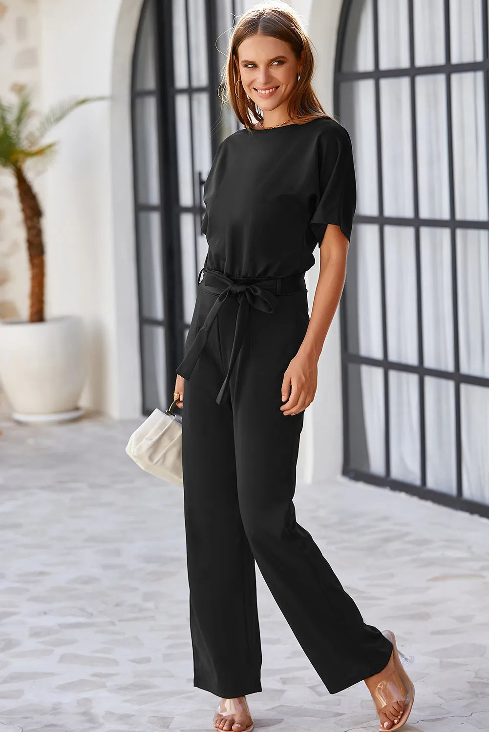 Black Belted Wide Leg Jumpsuit - Chic Meadow Boutique 