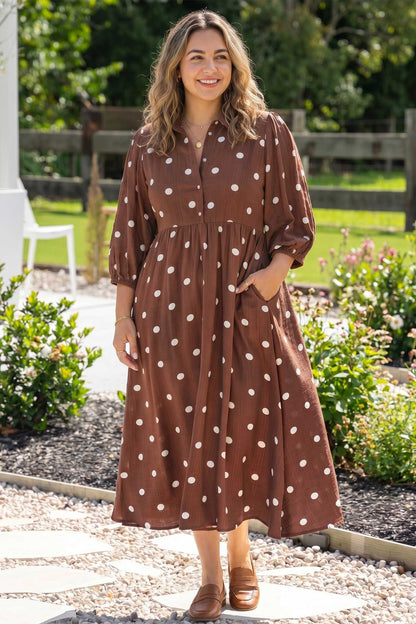 Brown Polka Dot V Neck Abdomen Pocket Gathered Cuffs Long Sleeve Shift Plus Size Dress