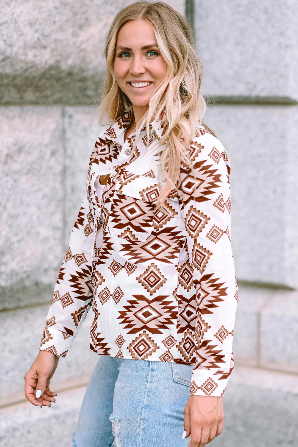 White Western Aztec Pattern Button Flap Pocket Shirt - Chic Meadow Boutique 