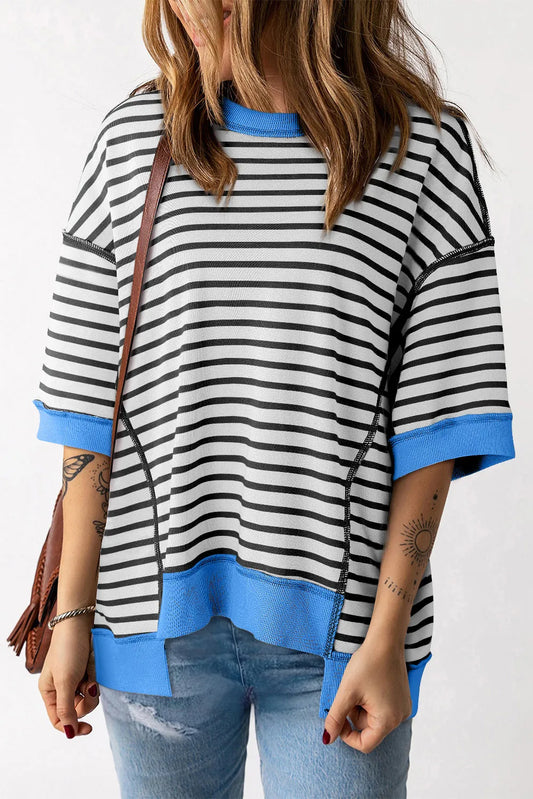 Black Stripe Oversized Contrast Trim Exposed Seam High Low T Shirt - Chic Meadow Boutique 