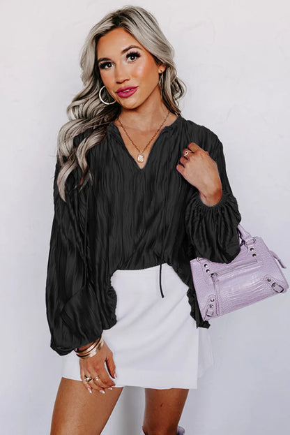 Black Textured Bubble Sleeve V Neck Loose Blouse - Chic Meadow Boutique 