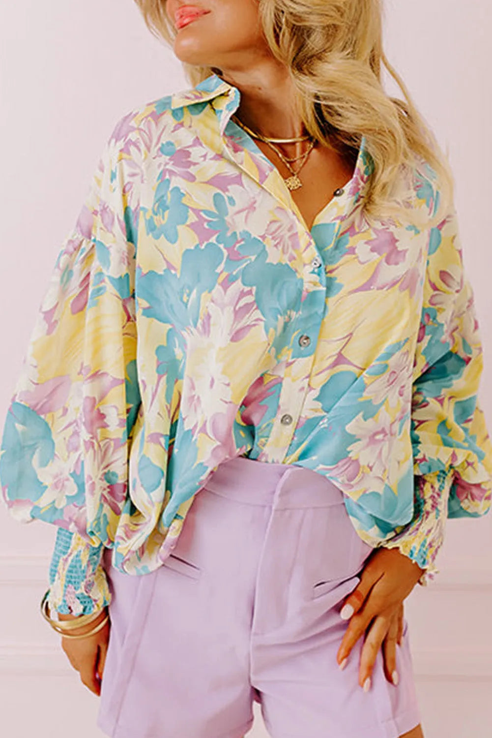 Yellow Floral Allover Print Shirred Cuff Oversized Shirt - Chic Meadow Boutique 