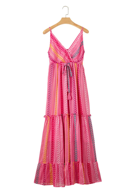 Pink Western Printed Tassel Tie V Neck Wrap Maxi Dress - Chic Meadow Boutique 