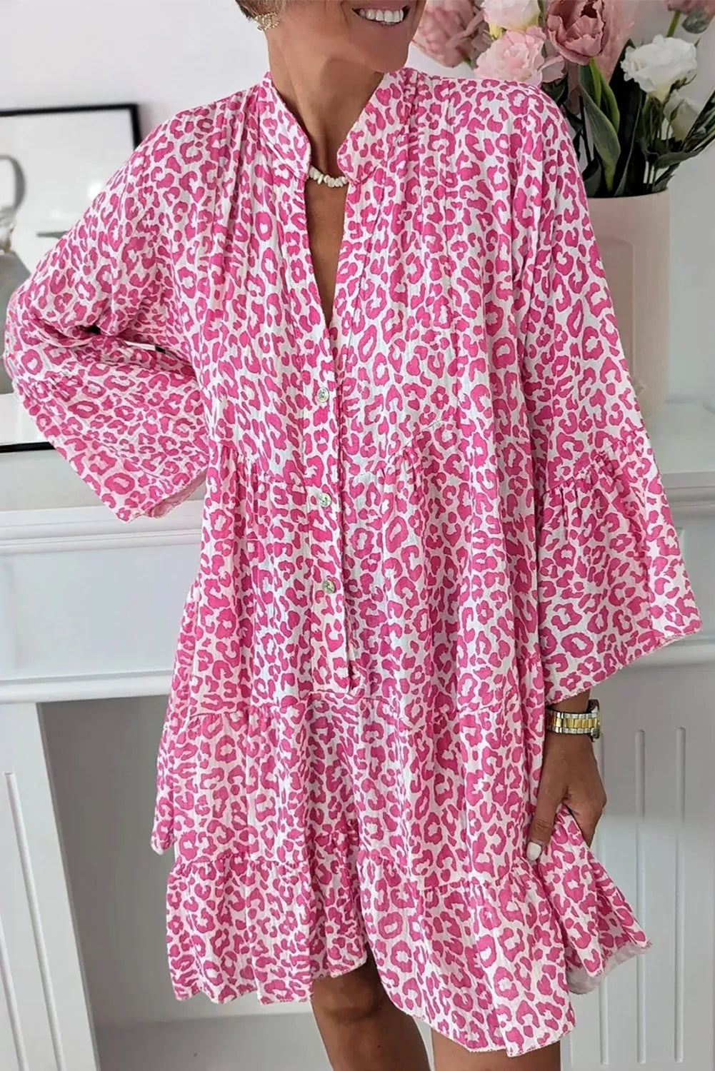 Bright Pink Leopard Printed Long Sleeve Buttoned Front Mini Dress - Chic Meadow Boutique 