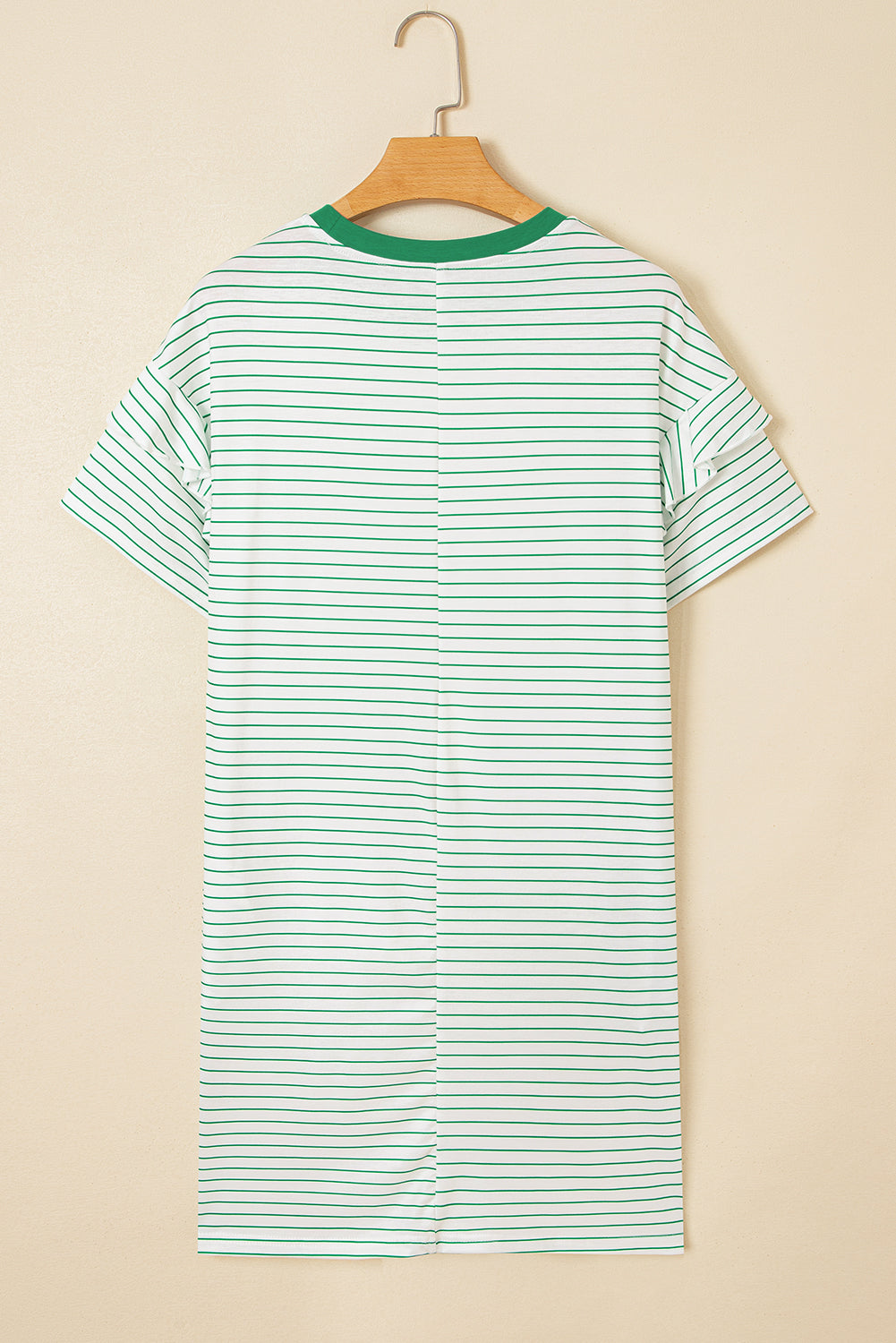 Green Stripe Ruffled Short Sleeve Crew Neck T Shirt Shift Mini Dress