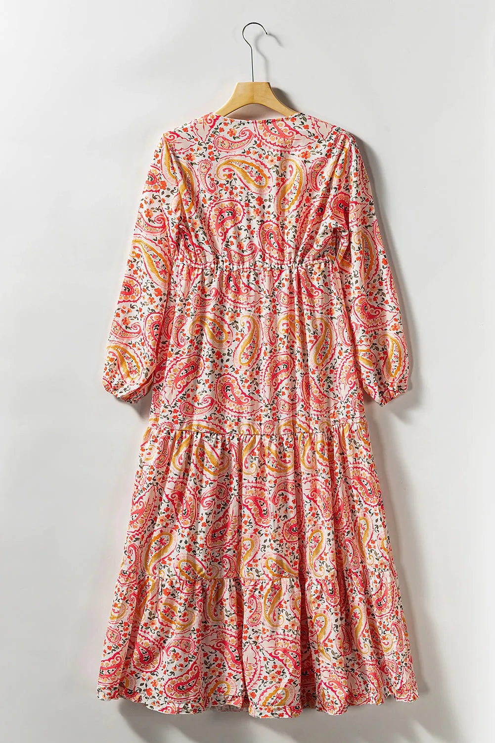 Orange Boho Holiday Paisley Print Tiered Long Sleeve Maxi Dress - Chic Meadow Boutique 