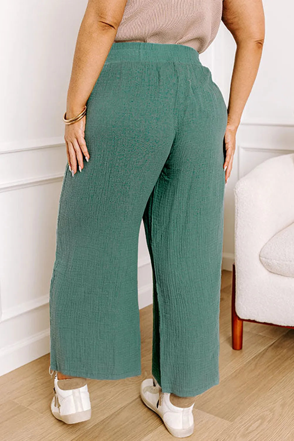 Smoke Green Plus Size Textured Frayed Edge Wide Leg Pants - Chic Meadow Boutique 