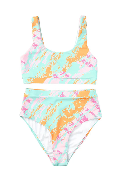 Sky Blue Abstract Waves Print High Waist Bikini Swimsuit - Chic Meadow Boutique 