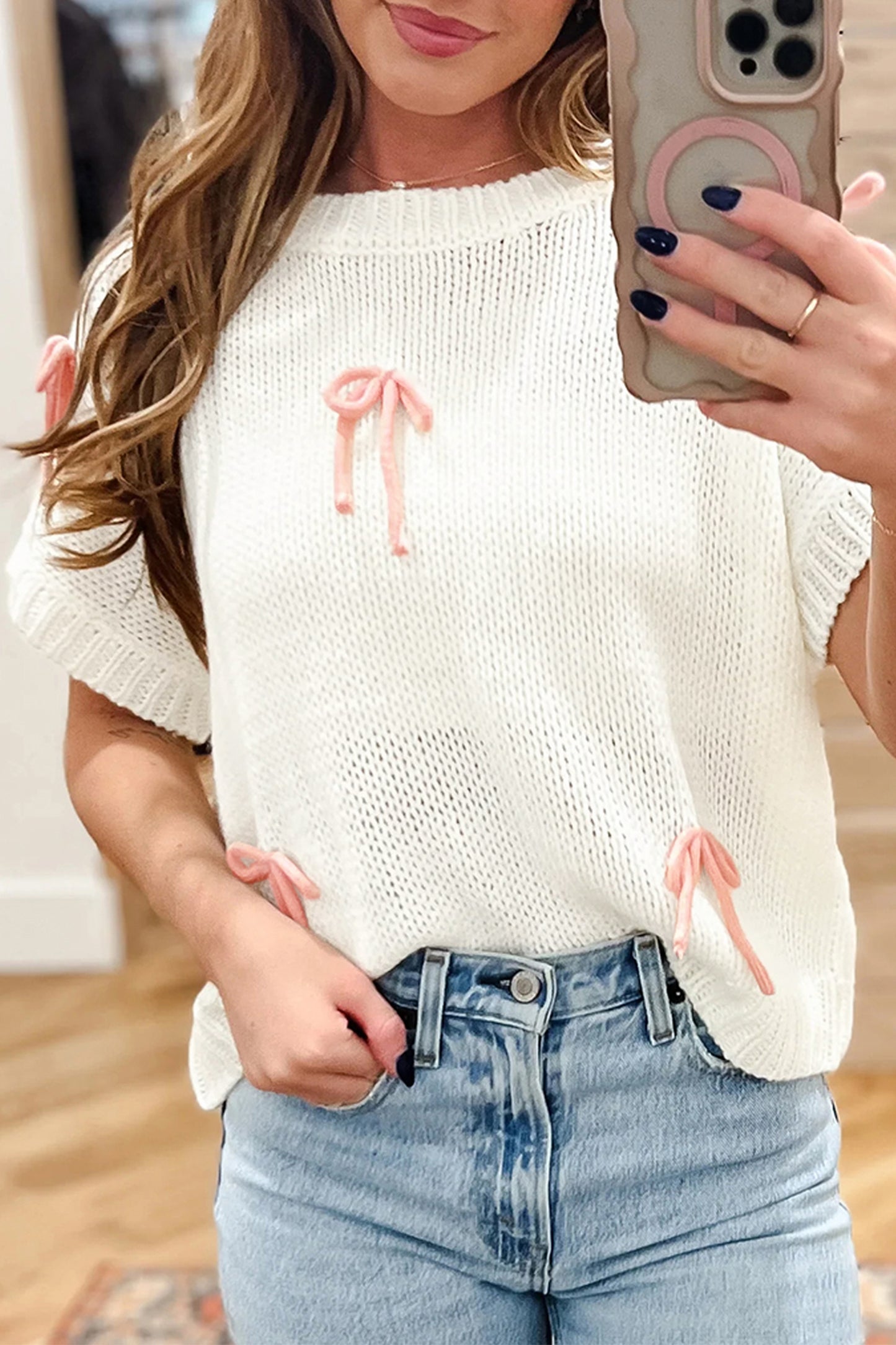 White Short Sleeve Knit Contrast Bow Knot Loose Sweater