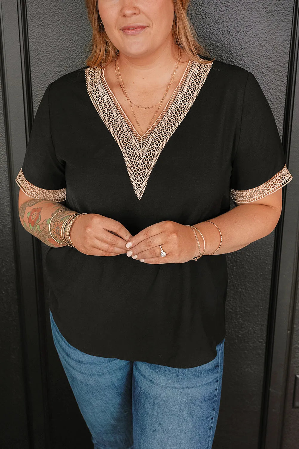 Black Lace Trim Short Sleeve V Neck Plus Size Top - Chic Meadow Boutique 