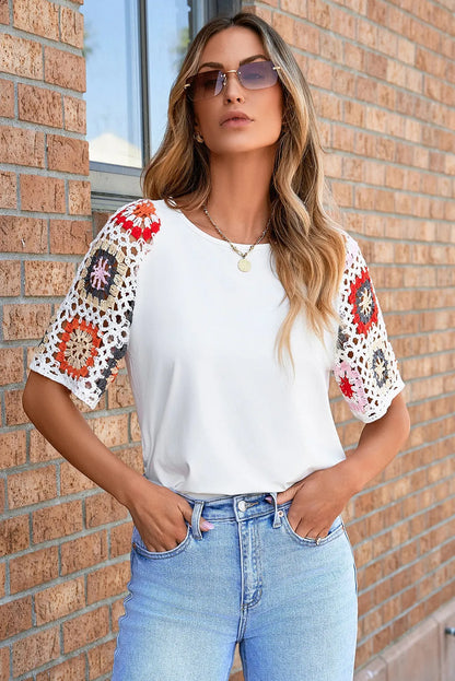 White Floral Crochet Short Sleeve Top - Chic Meadow Boutique 