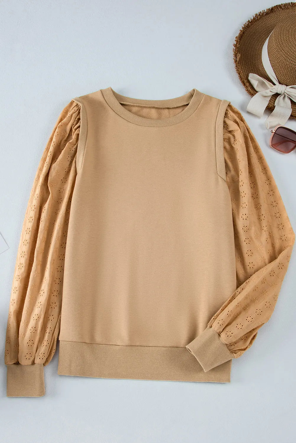 Pale Khaki Textured Patchwork Round Neck Sweatshirt - Chic Meadow Boutique 