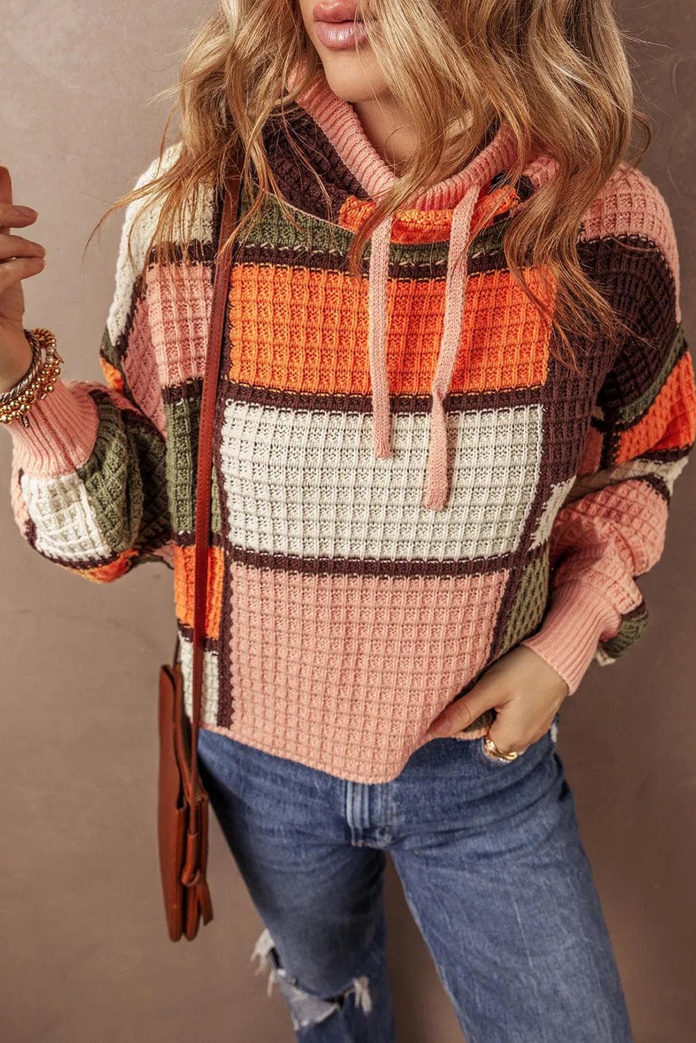 Sweaters & Cardigans/Sweaters Orange Color Block Waffle Knit Drawstring Mock Neck Sweater