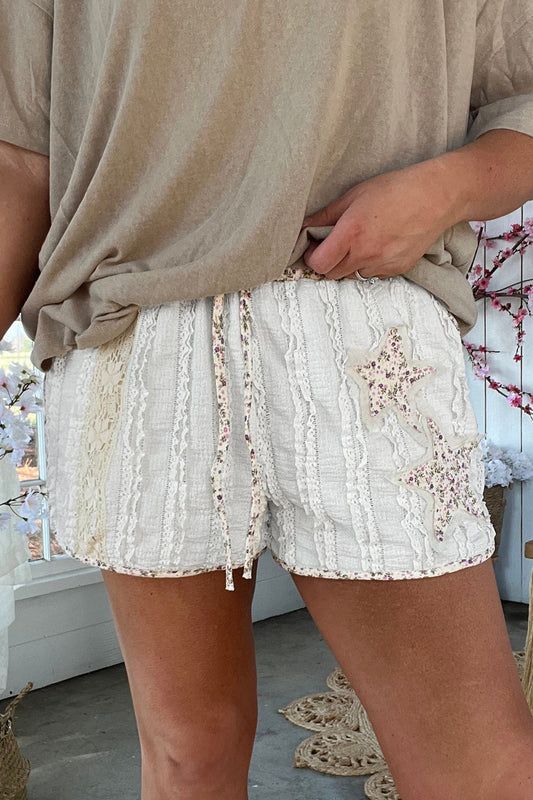 White Textured Lace Detail Floral Star Patch Drawstring Casual Shorts