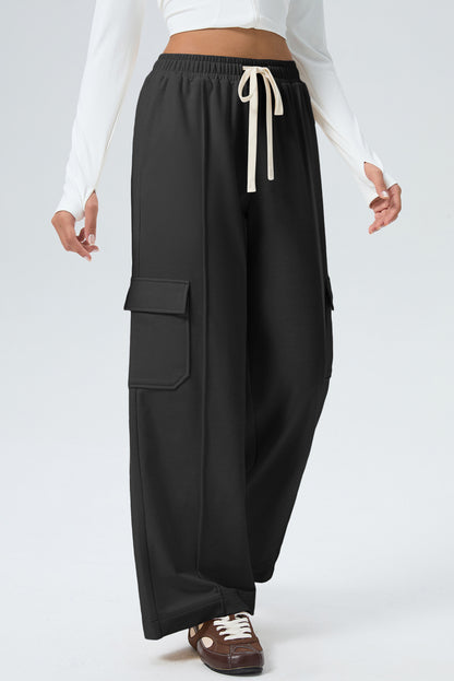 Black Solid Color Drawstring Elastic Waist Cargo Patch Pocket Active Pants