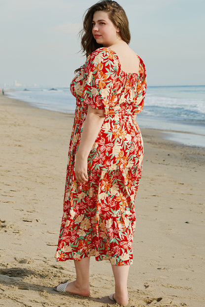 Orange Floral V Neck Flutter Sleeve Cinched Waist Long Plus Size Dress