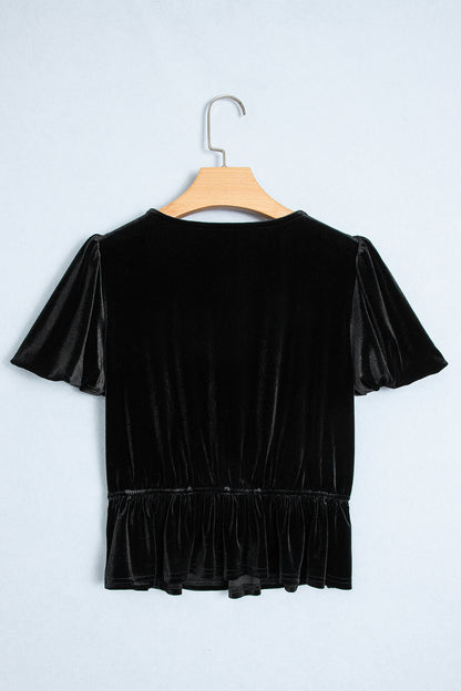 Black V Neck Bow Decoration Peplum Hem Shift Silhouette Short Sleeve Blouse