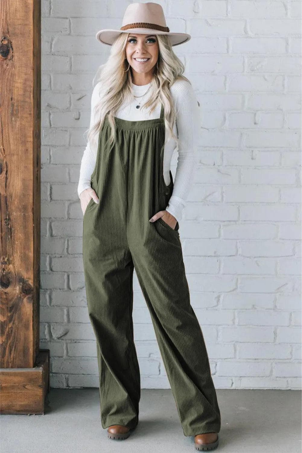 Bottoms/Jumpsuits & Rompers Jungle Green Solid Pocketed Loose Fit Corduroy Overall