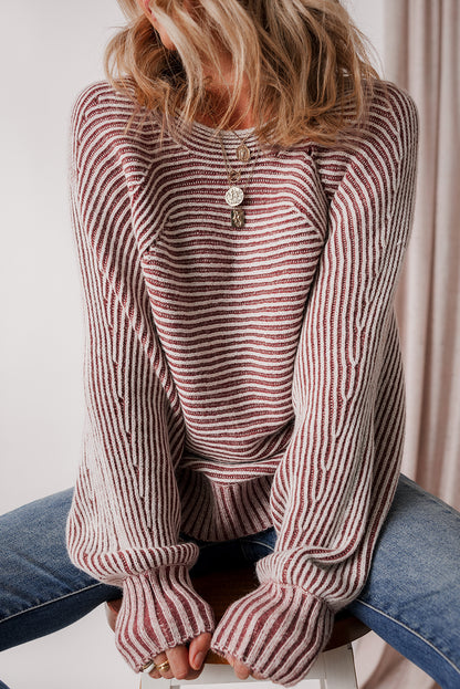 Red Dahlia Striped Print Ribbed Knit Boat Neck Baggy Sweater