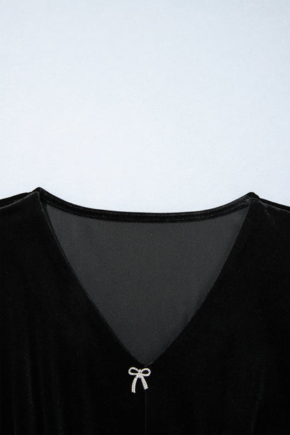 Black V Neck Bow Decoration Peplum Hem Shift Silhouette Short Sleeve Blouse
