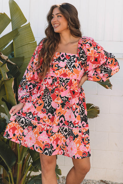 Pink Bohemian Square Neck Puff Sleeve Mini Dress