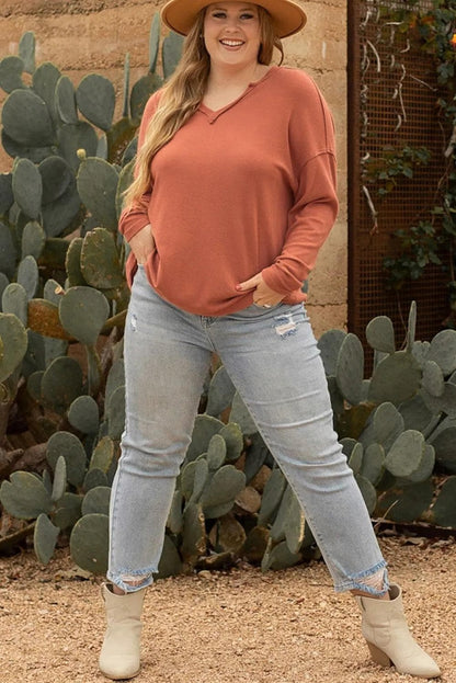 Plus Size/Plus Size Tops/Plus Size Long Sleeve Tops Gold Flame Plus Size Exposed Seam V Neck Long Sleeve Top