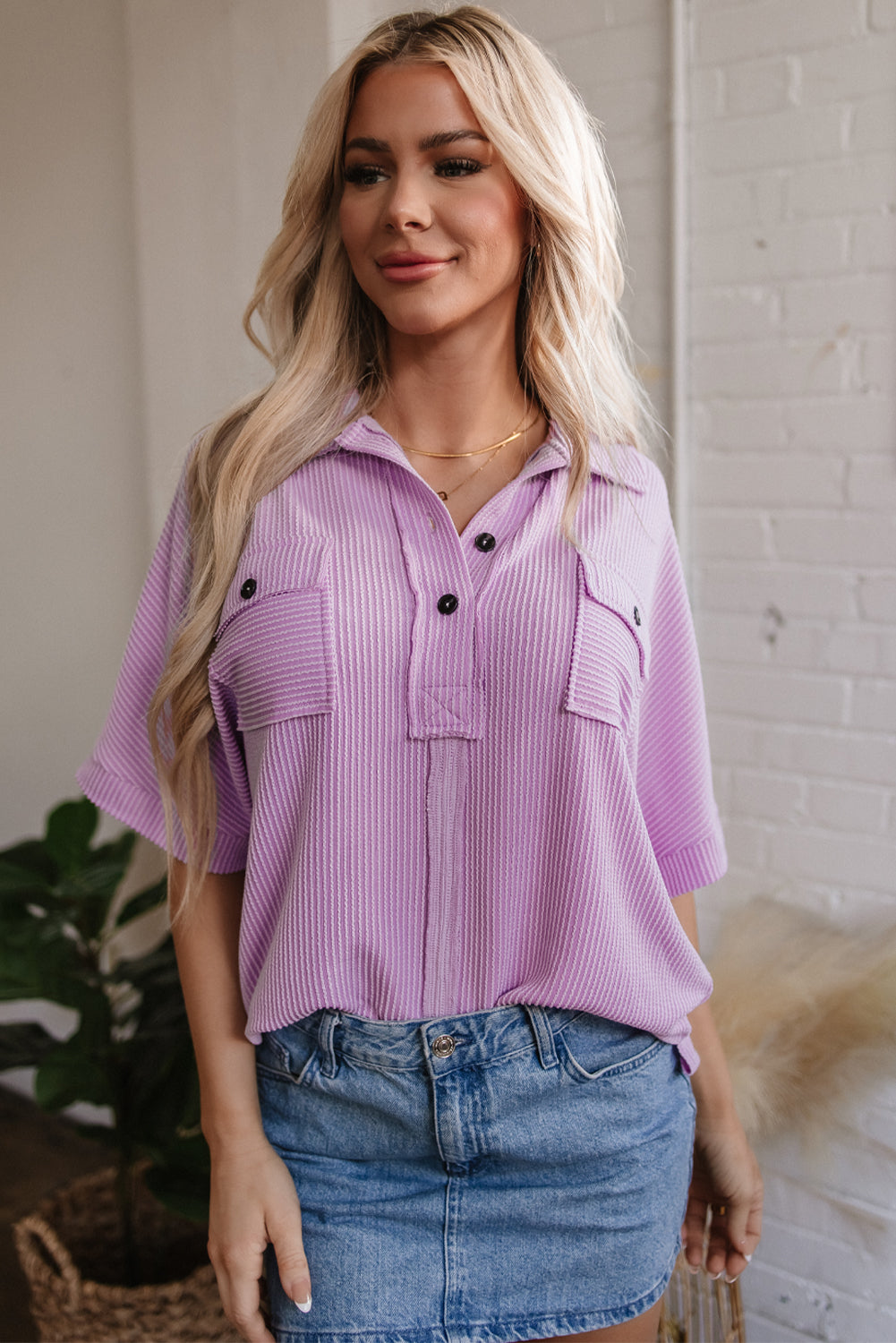 Orchid Bouquet Corded Flap Pocket Collared Buttoned Short Sleeve Blouse