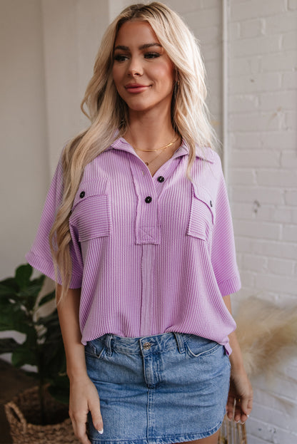 Orchid Bouquet Corded Flap Pocket Collared Buttoned Short Sleeve Blouse