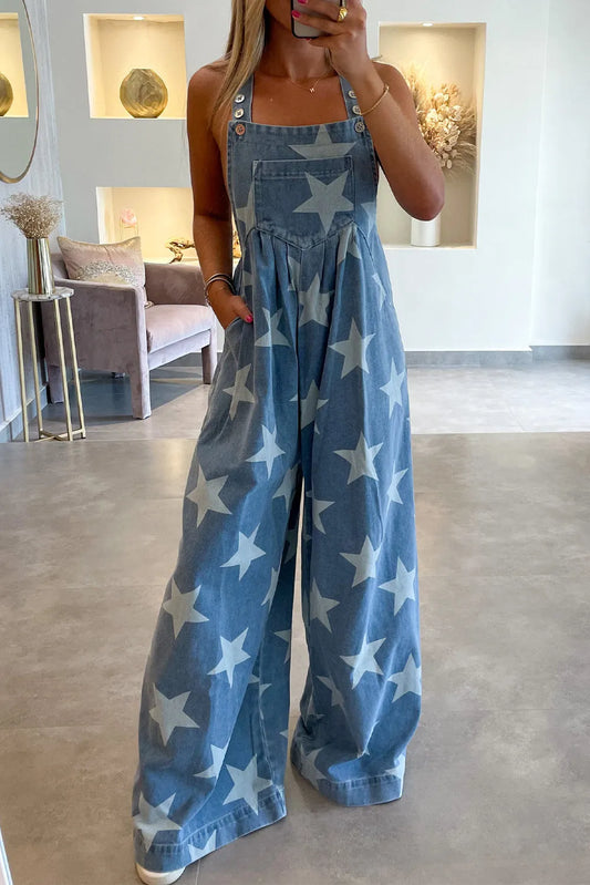 Star Print Buttoned Strap Pleat Wide Leg Denim Overall - Chic Meadow Boutique 