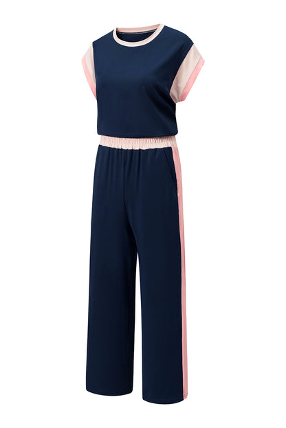 Navy Blue Color Block Detail Casual Two-piece Set