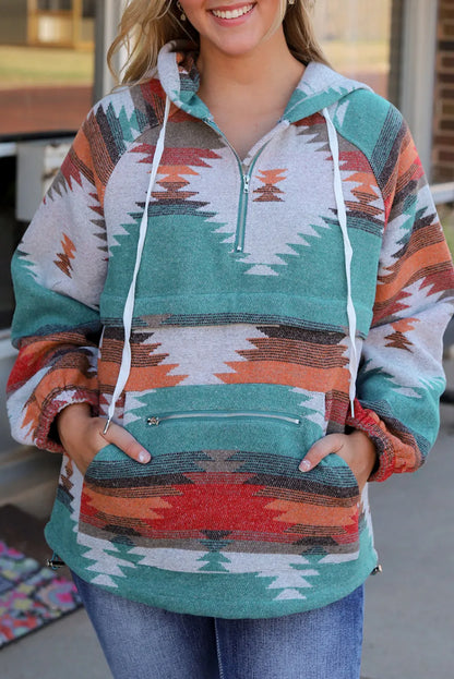 Tops/Sweatshirts & Hoodies Multicolor Aztec Print Zipped Split Neck Hoodie