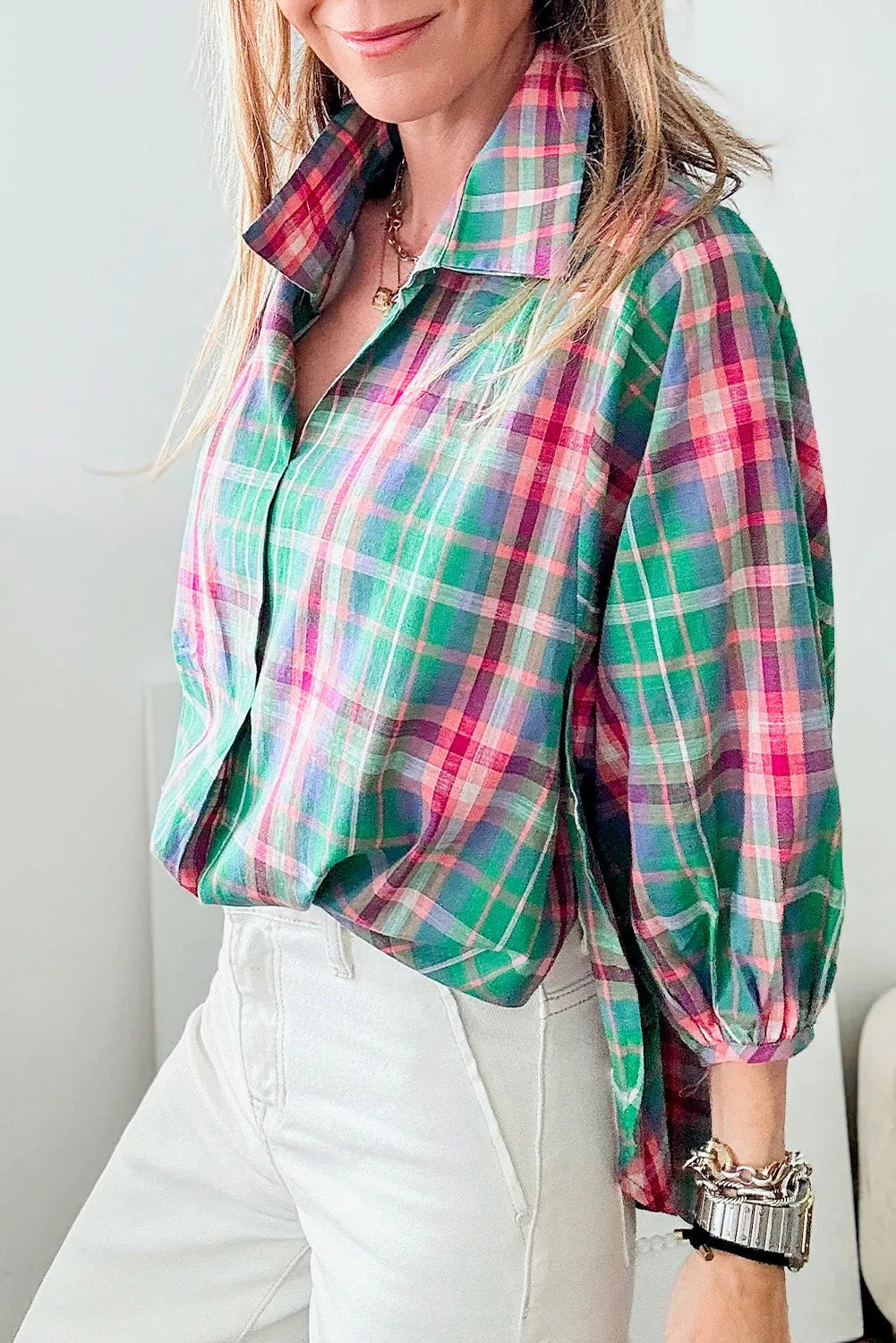 Green Checkered 3/4 Sleeve Collared Loose Fit Shirt - Chic Meadow Boutique 