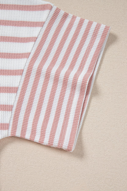 Pink Stripe Waffle Knit Pocketed Half Sleeve Plus Size T Shirt