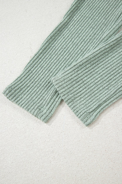 Grass Green Ribbed Notched Neck Knit Long Sleeve Leggings Two Pieces Lounge Set